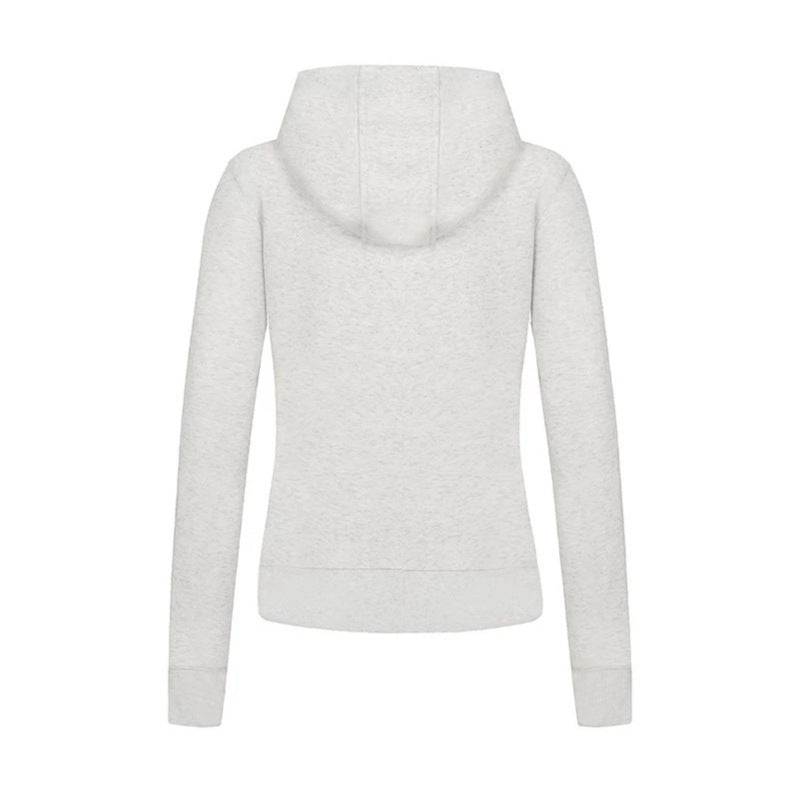 Ladies hooded sweatshirt jacket in military style with stand-up collar, decorative straps, and continuous zipper Chichicherry