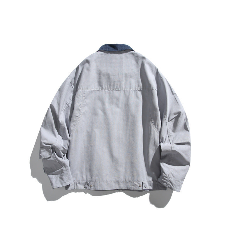 Men's Boxy Workwear Blouson Jacket with Contrast Collar and Multiple Pockets Chichicherry