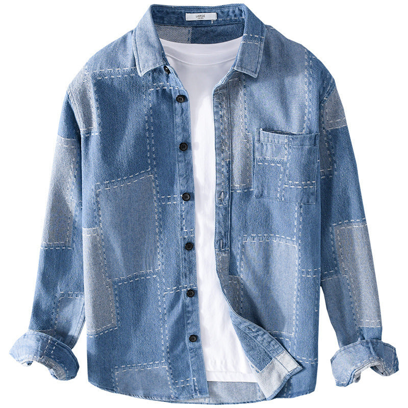 Men's patchwork shirt jacket made of textured denim with visible seams and chest pocket Chichicherry
