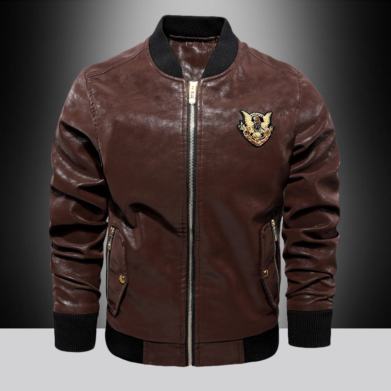 Men's Leather Look Bomber Jacket in Aviator Style with Patch Embroidery, Ribbed Cuffs, and Metal Zipper Chichicherry