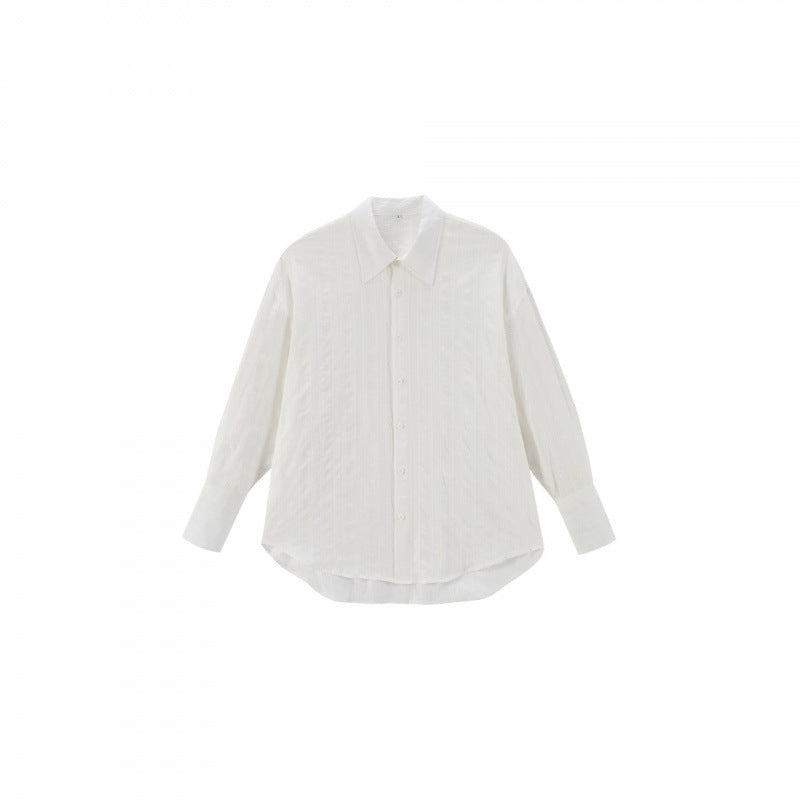 Unisex Oversize Linen Blend Shirt with Textured Stripes, Kent Collar and Rounded Hem Chichicherry
