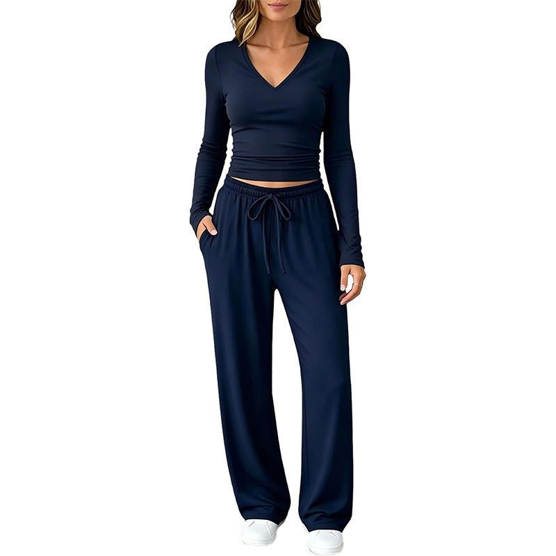 Women's Two-Piece Lounge Set with Fitted V-Neck Cropped Top and Loose Drawstring Pants Chichicherry
