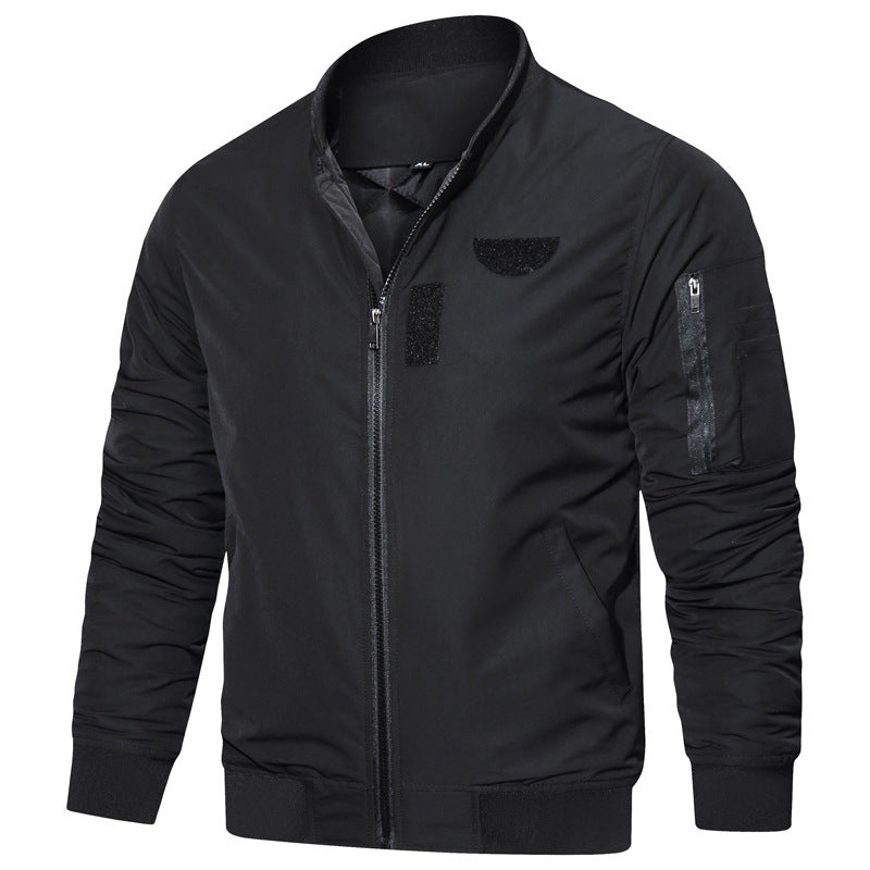 Men's lightweight nylon bomber with minimalist stand-up collar, sleeve organizer, and wind-resistant shell Chichicherry