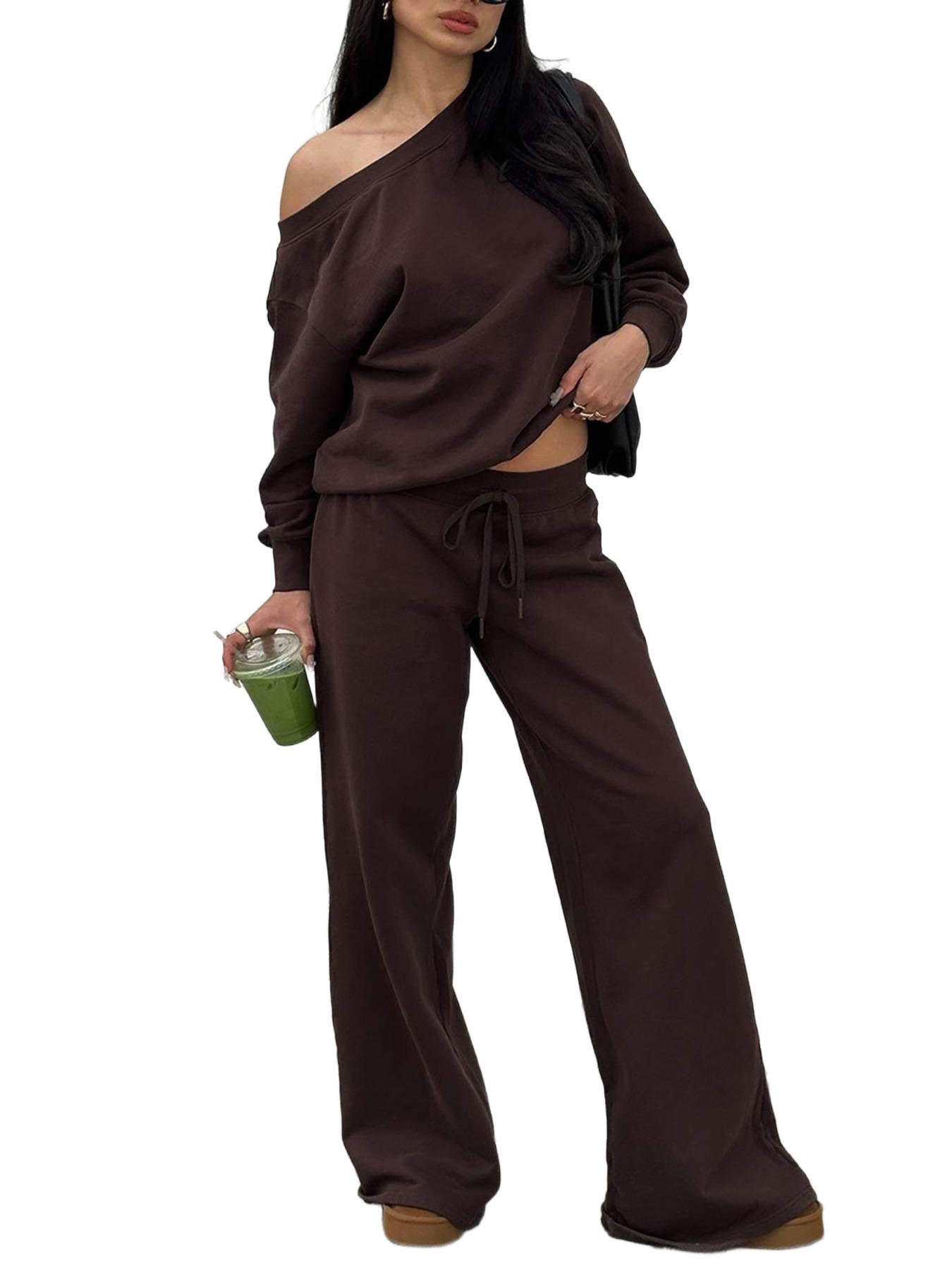 Women's Casual Off-Shoulder Lounge Set made of French Terry with Wide Legs and Drawstring
