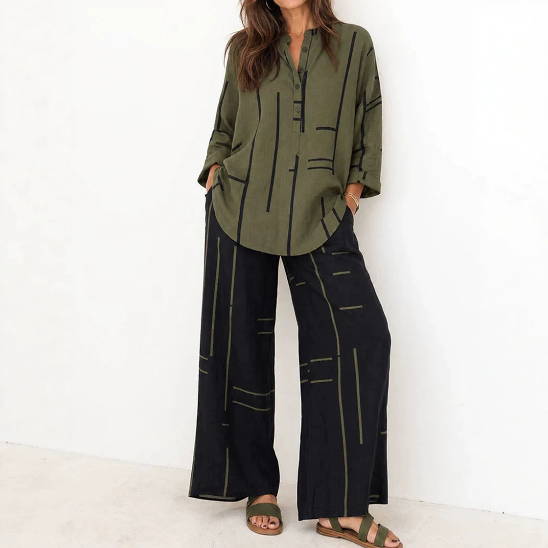 Women Loose Shirt Blouse and Palazzo Pants Set in Linen Look Chichicherry