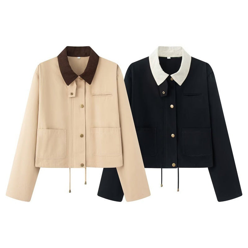 Women's Cropped Workwear Jacket with Cord Collar, Press Buttons and Drawstring Chichicherry