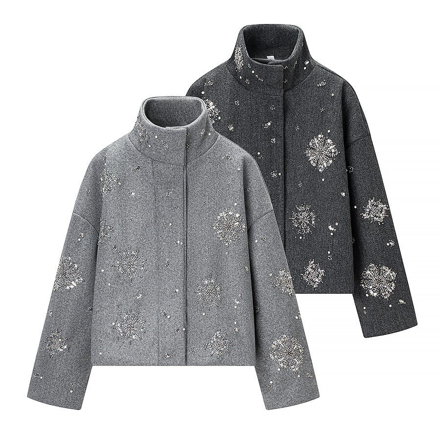 Women's short-cut wool blend coat with stand-up collar and bead sequin embroidery Chichicherry