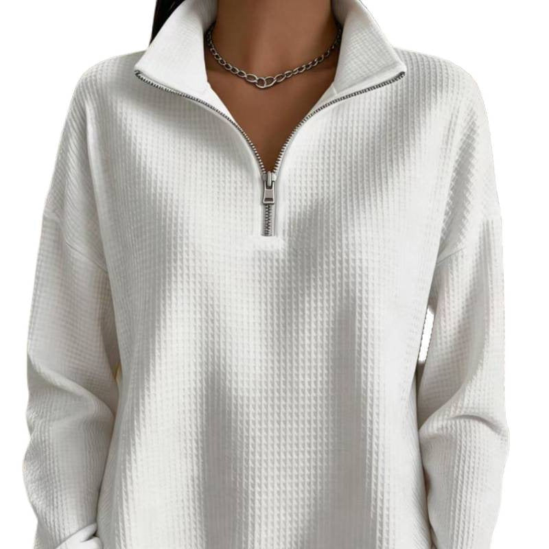 Women's Waffle Knit Sweatshirt with Half Zip and Stand Collar Chichicherry