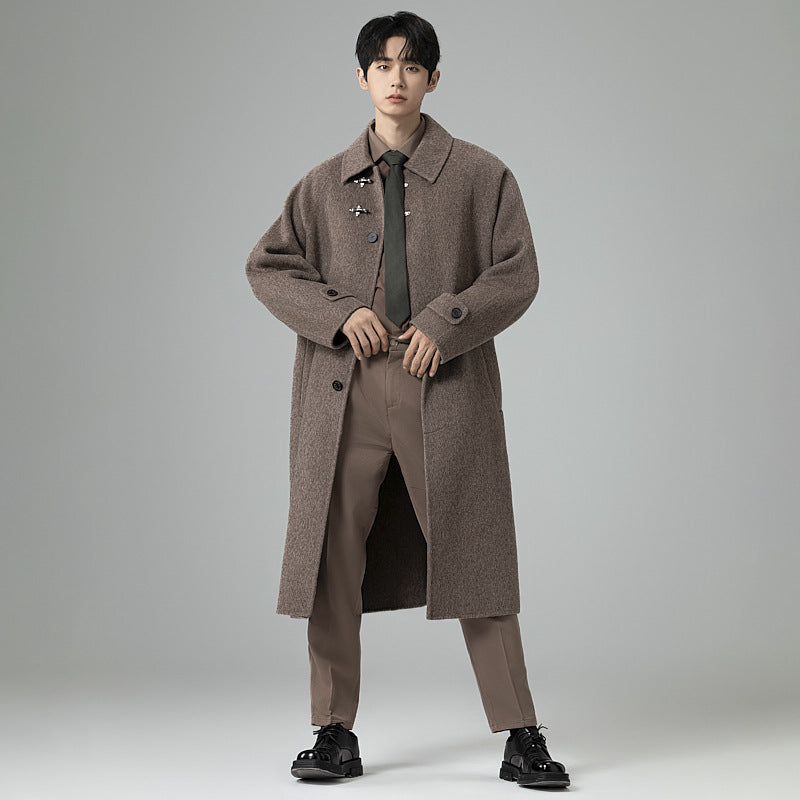 Men's Structured Maxi-Length Wool Blend Overcoat with Straight Cut and Decorative Toggle Closures Chichicherry