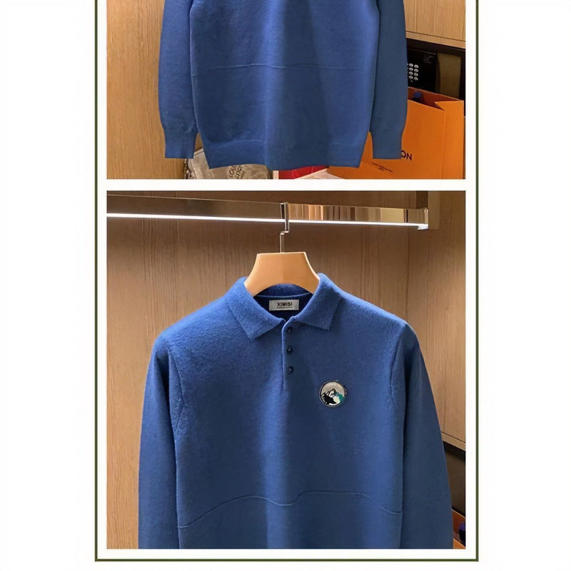 Herren Polokragen-Pullover aus weichem Flauschstrick mit Logo‑Patch Chichicherry