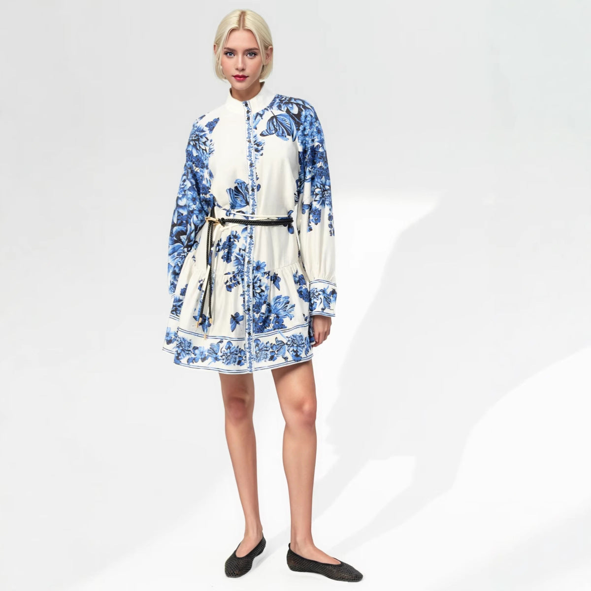 Women's midi dress with stand-up collar, full button placket and waist drawstring Chichicherry