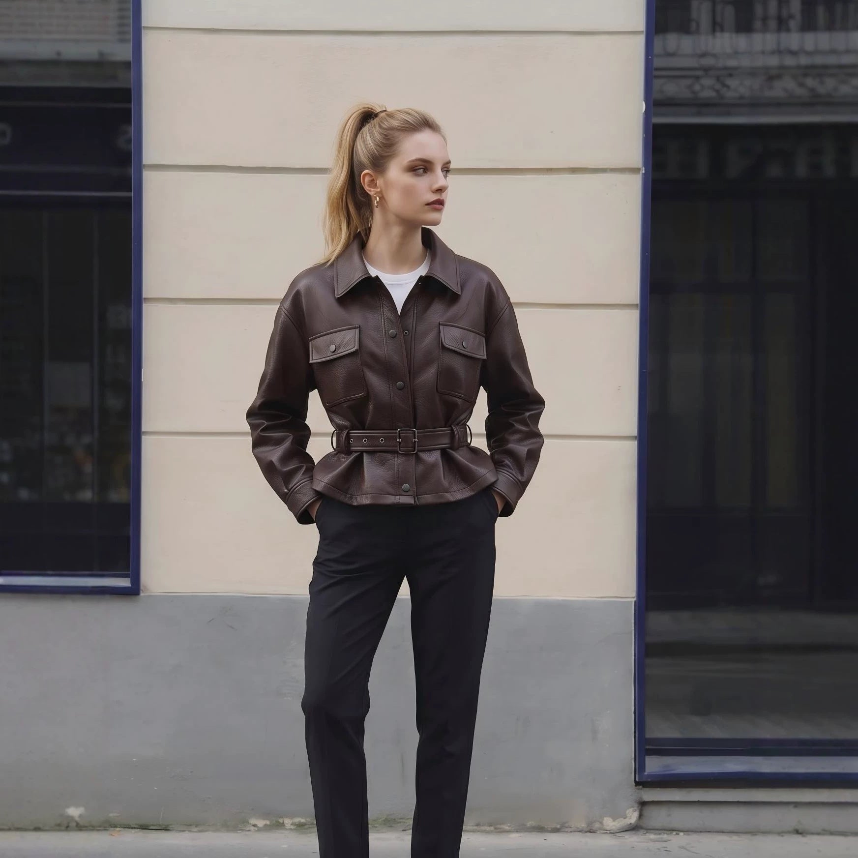 Women's leather jacket with waist belt and oversized cut Chichicherry