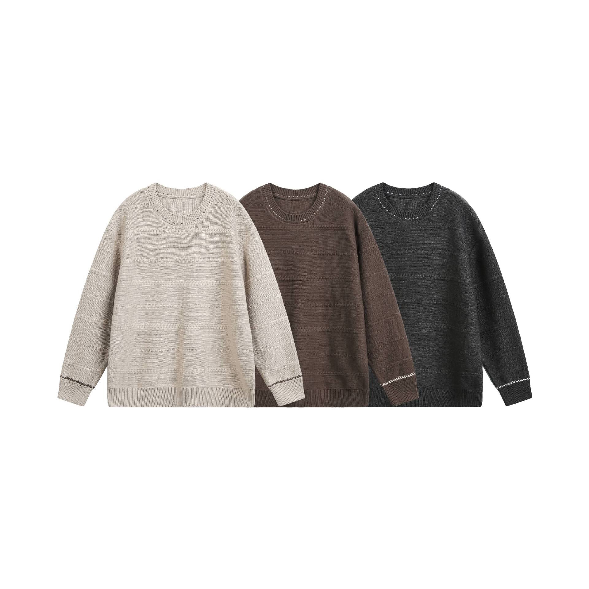 Women's Oversized Knitted Sweater with Textured Stripes and Round Neck Chichicherry