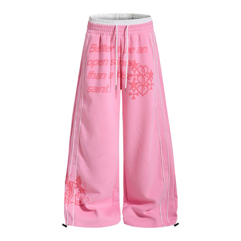 Women Wide Palazzo Training Pants with Elastic Waistband, Drawstring and Contrast Piping Chichicherry