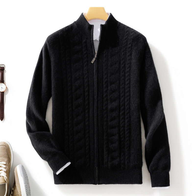 Men's zip-up knitted cardigan with cable pattern and stand-up collar Chichicherry