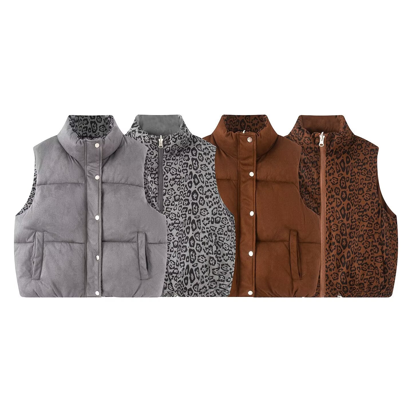 Women Padded Quilted Vest with High Stand-Up Collar and Leopard Print Lining Chichicherry