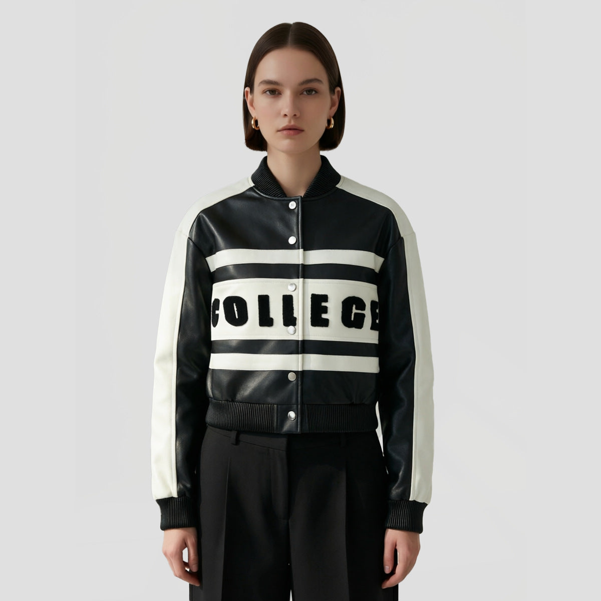 Women Cropped College Bomber Jacket made of faux leather with contrasting stripes and snap buttons Chichicherry