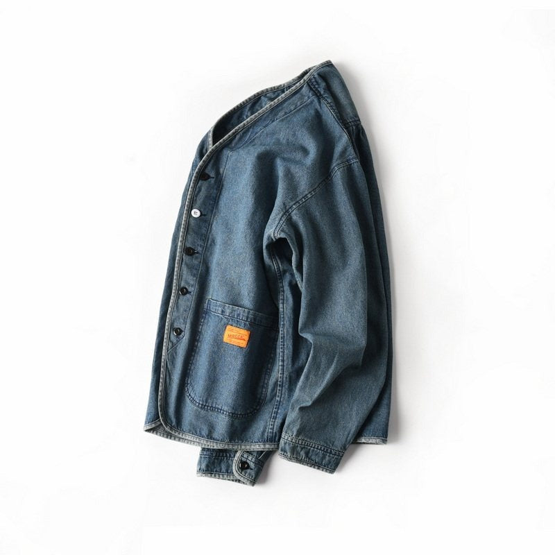 Herren Denim-Chorejacke im Worker-Look mit V-Ausschnitt und aufgesetzten Taschen Chichicherry