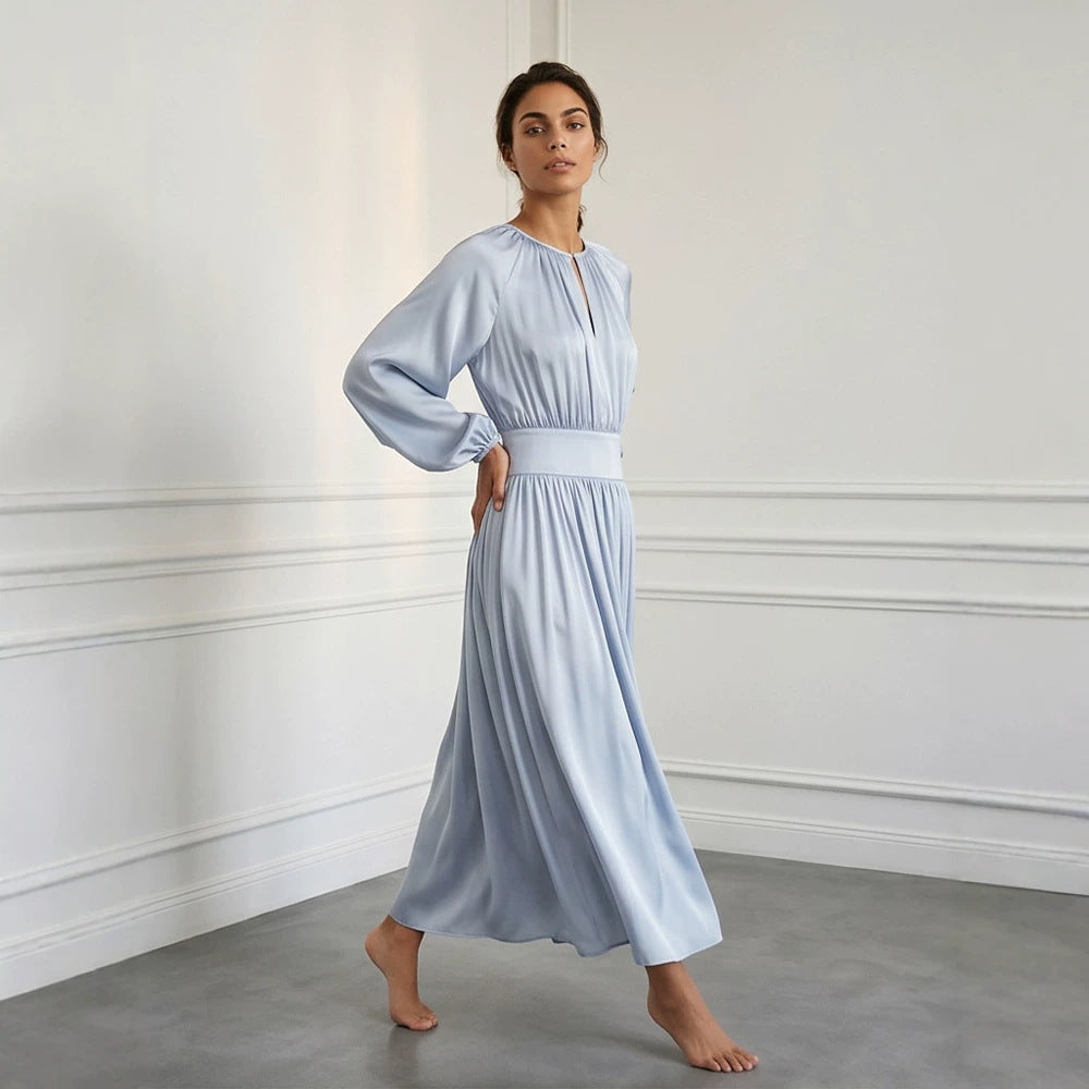 Women's Flowing Midi Dress with Wide Waistband, Gathered Top and Balloon Sleeves Chichicherry