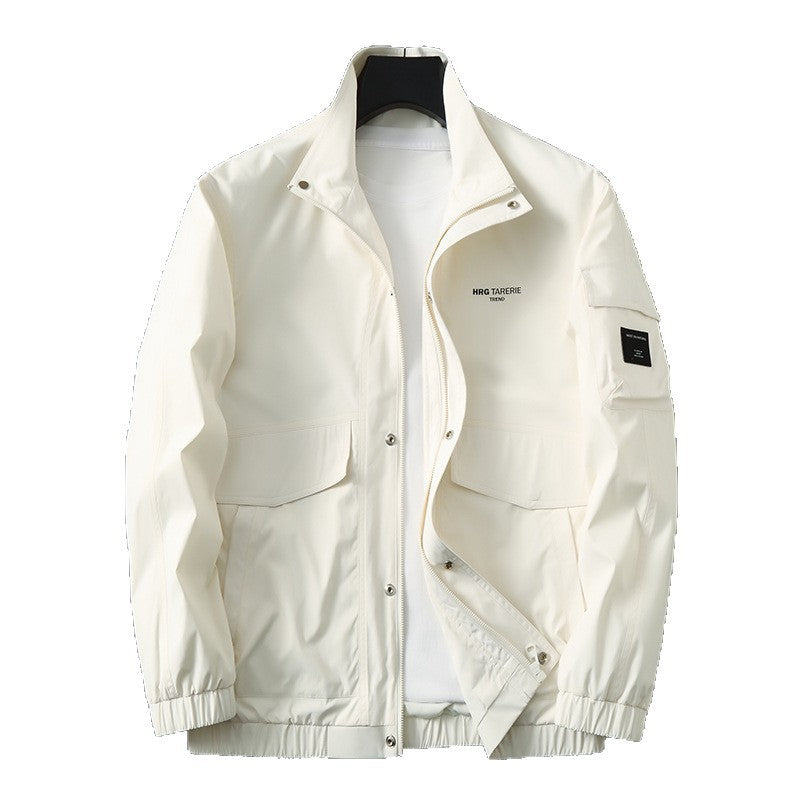 Men's Light Wind and Water-Repellent Field Jacket with Stand-Up Collar Sleeve Utility Pocket and Flap Pockets Chichicherry