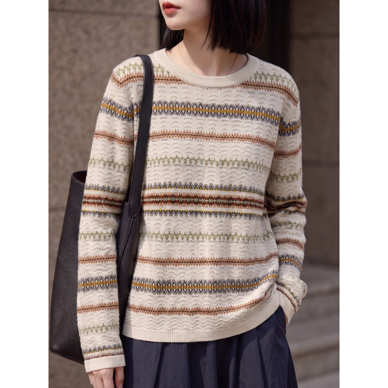 Women's lightweight round neck pullover in Norwegian stripe design with structured ajour optics Chichicherry