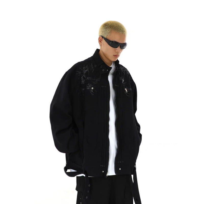 Herren Oversized Utility-Jacke mit Stickerei, Stehkragen, Reißverschluss und langen Gurtbändern Chichicherry