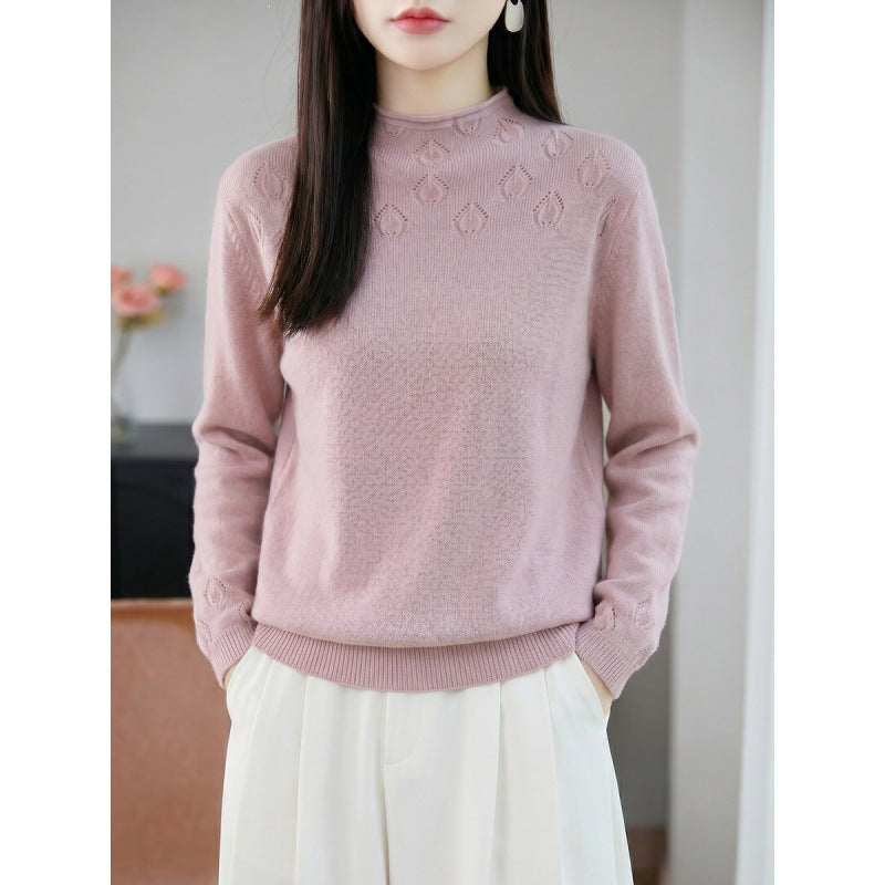 Ladies Light Stand Collar Sweater with Floral Yoke and Fine Ribbed Edge Chichicherry