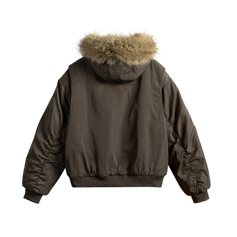 Women's short insulated field bomber jacket with hood and removable faux fur trim Chichicherry