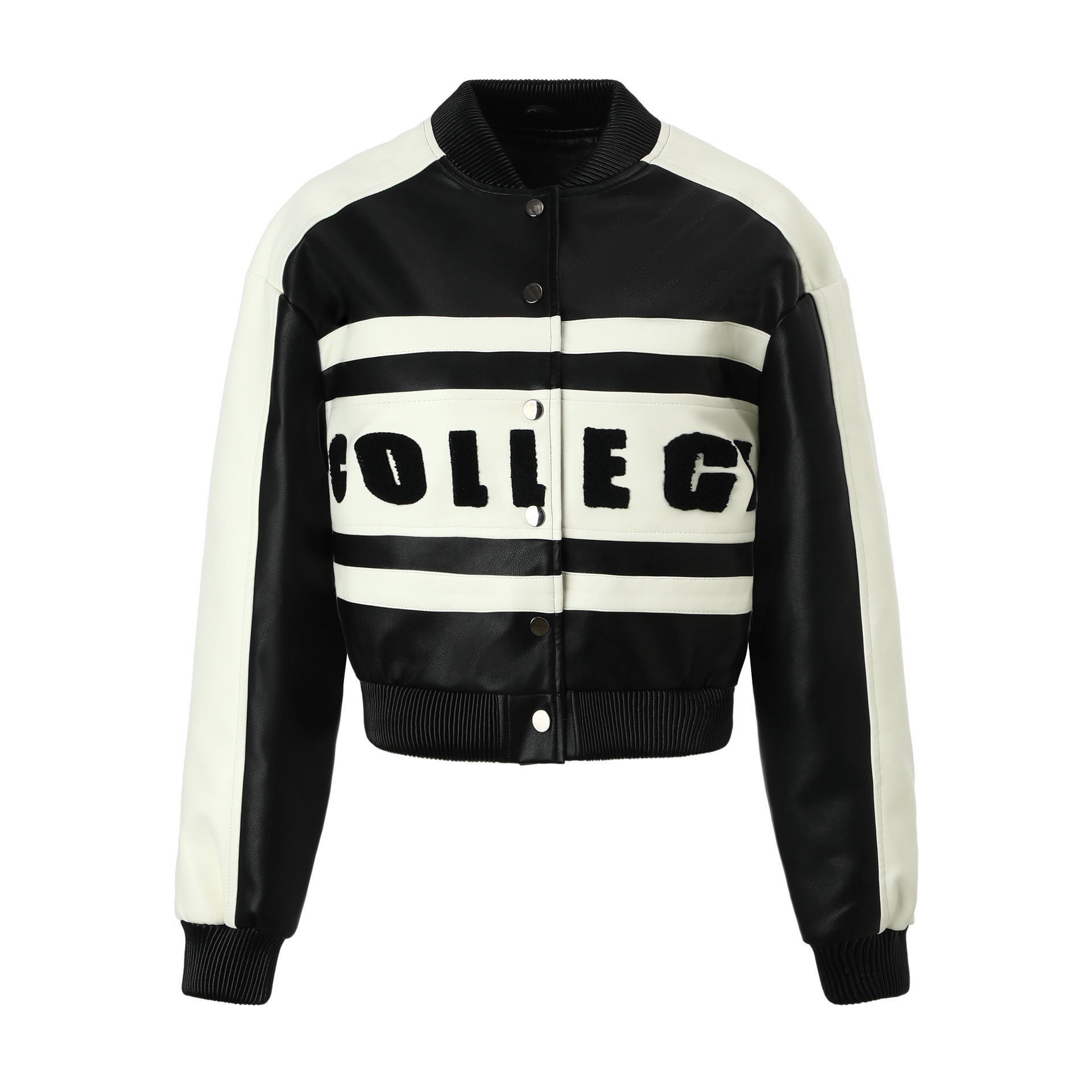 Women Cropped College Bomber Jacket made of faux leather with contrasting stripes and snap buttons Chichicherry