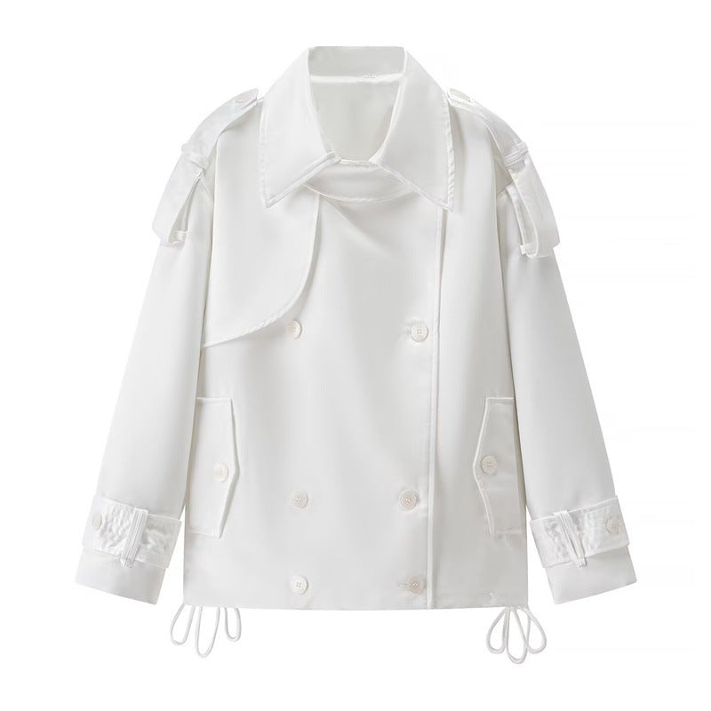 Women Short Boxy Double-breasted Trench with Drawstring and Decorative Shoulder Straps Chichicherry