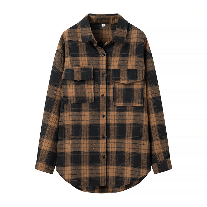 Women's Oversized Check Shirt Blouse with Patch Breast Pockets and Rounded Hem Chichicherry
