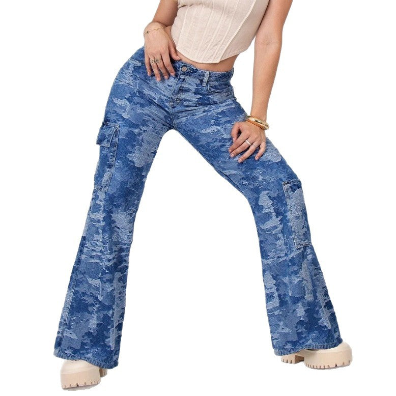 Women’s High-Waisted Palazzo Cargo Jeans made of Camouflage Denim with Patch Pockets Chichicherry