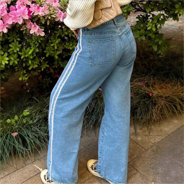 Women's wide High-Waist denim jeans with side contrast stripe Chichicherry