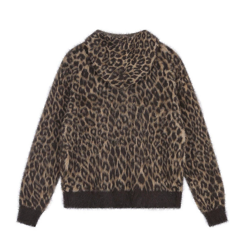 Women's Cozy Cardigan with Zipper and Leopard Jacquard Chichicherry