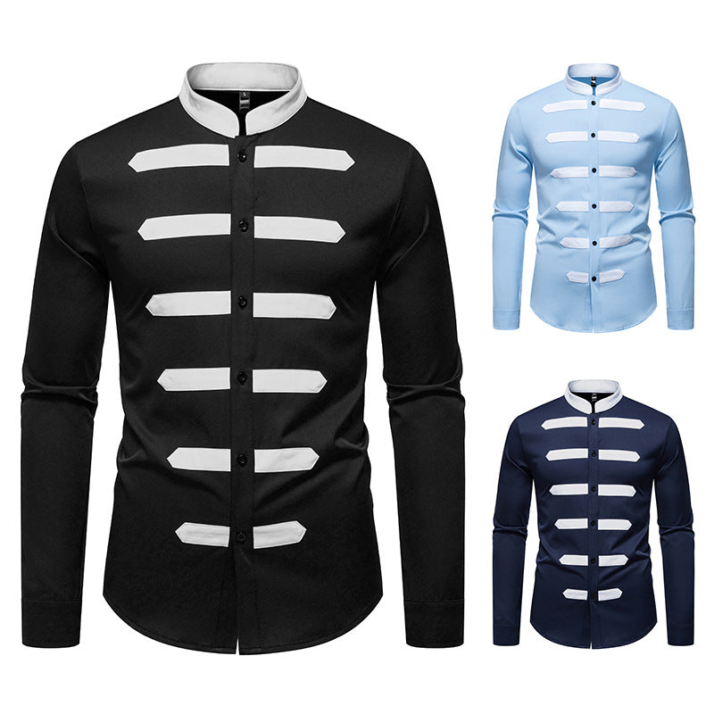 Men's Slim-Fit Shirt with Stand Collar and Decorative Piping Stripes Chichicherry