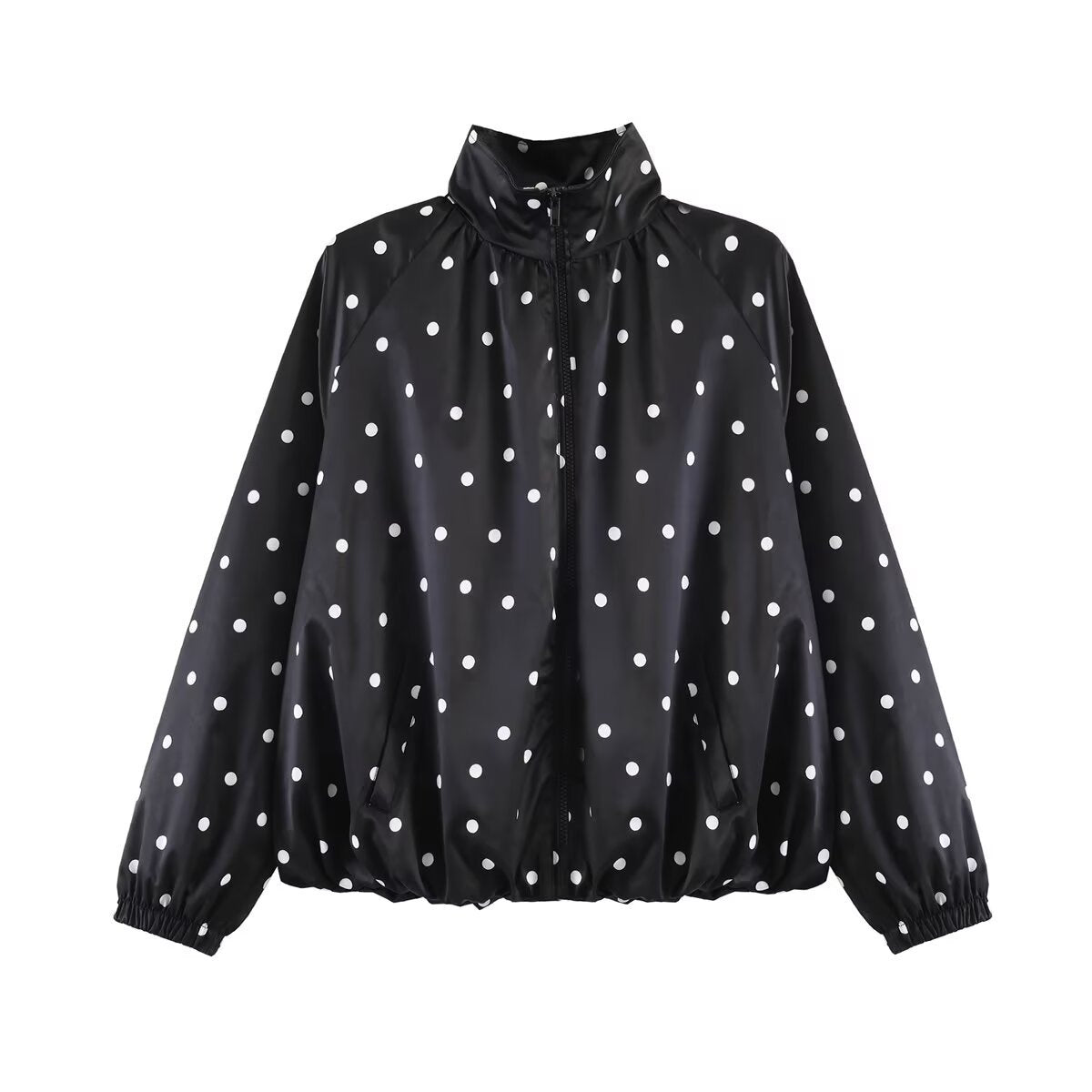 Women's lightweight blouson jacket with polka dots and stand-up collar, zipper and elastic hem Chichicherry
