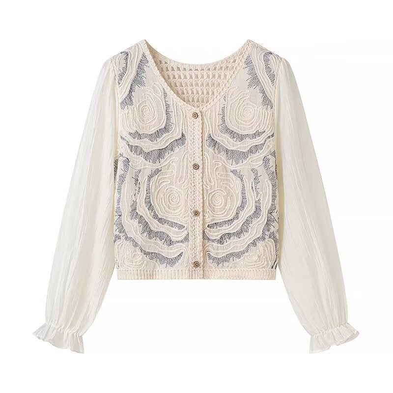 Ladies Embroidered Crochet Knit Cardigan with Transparent Pleated Sleeves Chichicherry