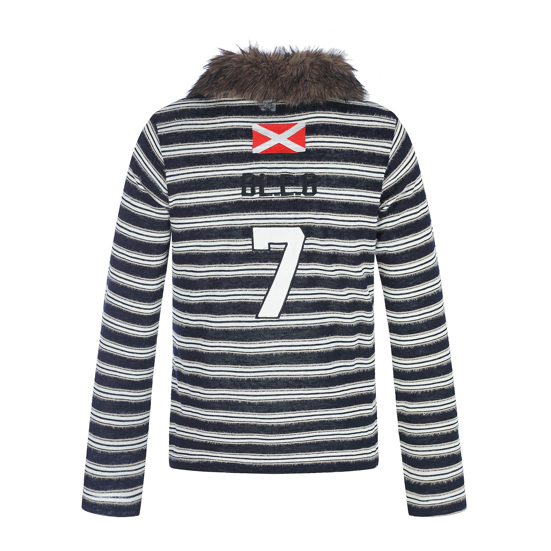 Women's Striped Long Sleeve Polo Shirt with Faux Fur Collar Chichicherry