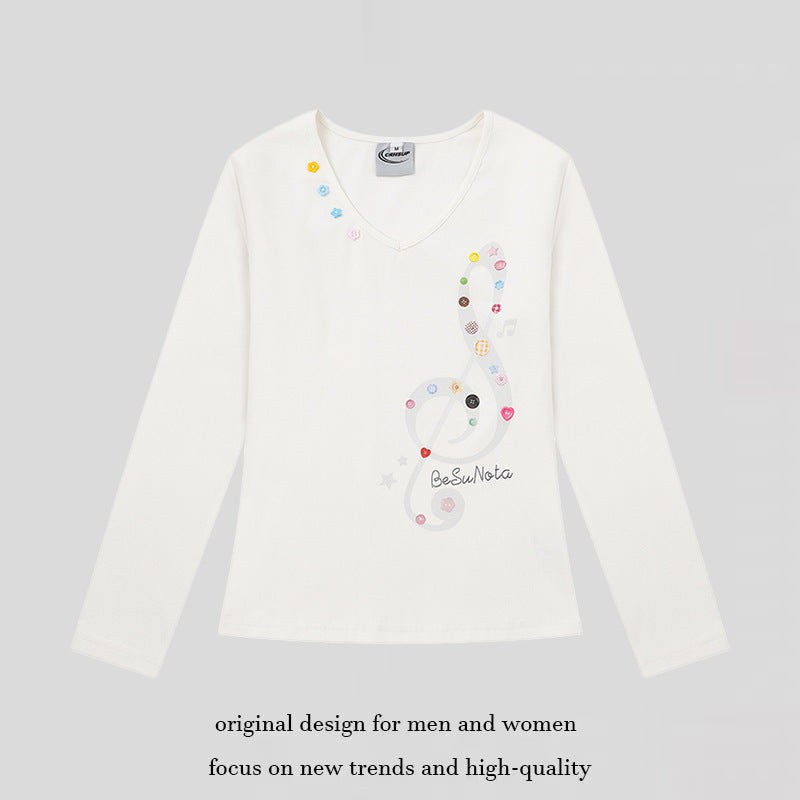 Women's Long Sleeve Shirt with V-Neck and Clef Applications Chichicherry