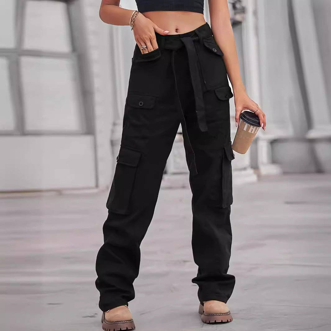 Ladies cargo pants with high waist, tie belt, and multiple flap pockets Chichicherry