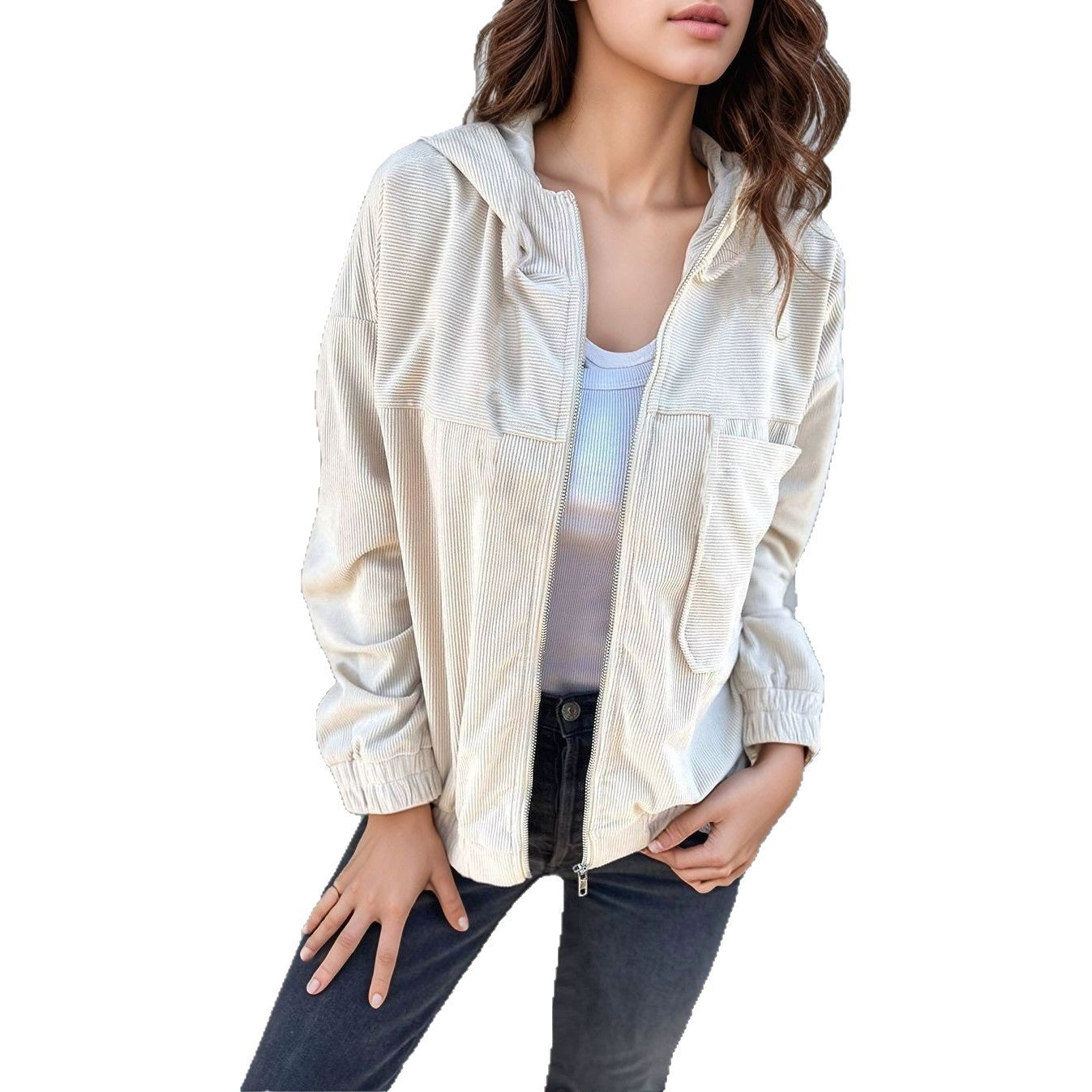 Women's cord zip jacket with hood, ribbed structure and side pockets Chichicherry