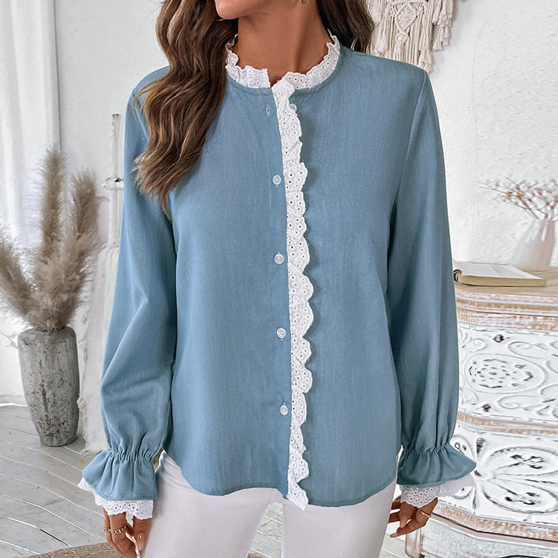 Women's Loose-Fitting Viscose Blouse with Lace Trim and Stand-Up Collar Chichicherry