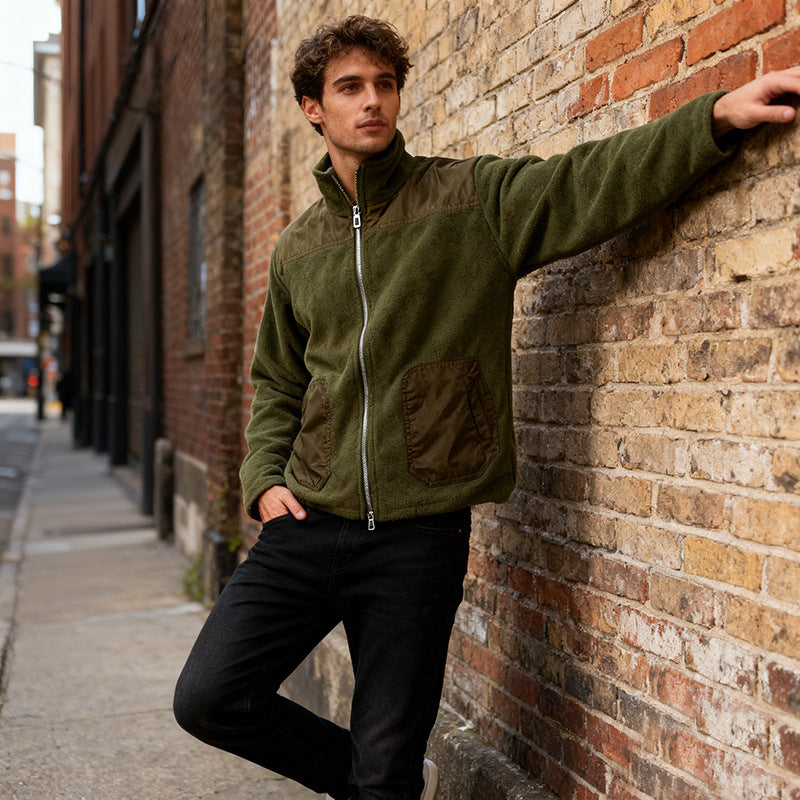 Men's fleece jacket with stand-up collar, two-material panel and zipper Chichicherry