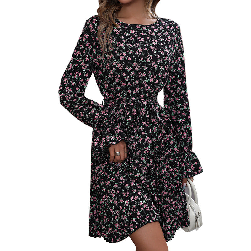 Women's Floral Skater Dress with Ruffled Waist Tie and Long Flared Sleeves Chichicherry