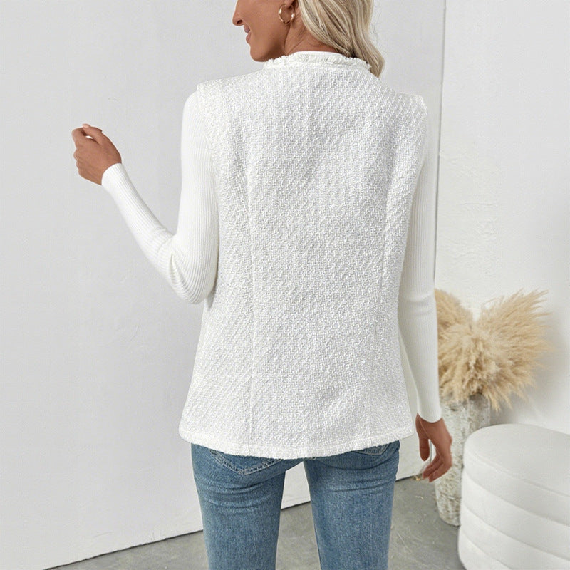 Women's Boucle Vest with Decorative Buttons, Fringe Trim and Pockets Chichicherry