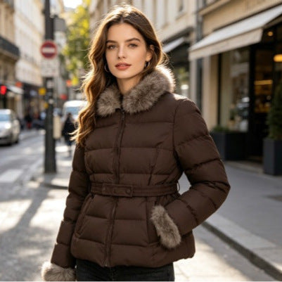 Women's short tailored winter quilted jacket with removable faux fur collar, tonal waist straps and concealed two-way zipper Chichicherry