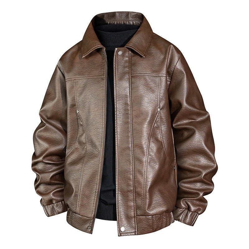 Men's faux leather bomber jacket with shirt collar, elastic waistband, and concealed zipper Chichicherry