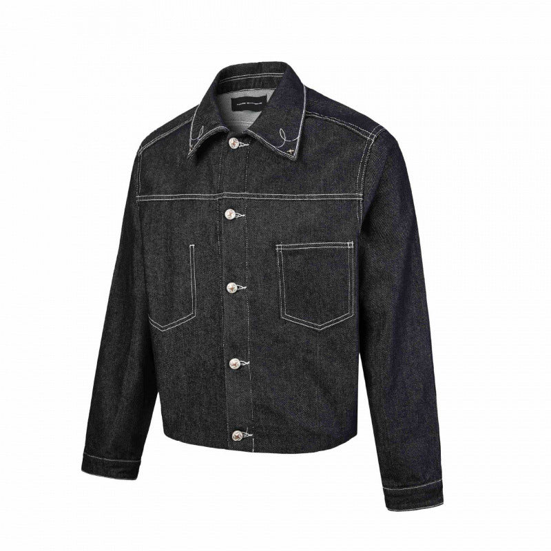 Men's boxy denim jacket with contrasting quilted seams and patch chest pockets Chichicherry
