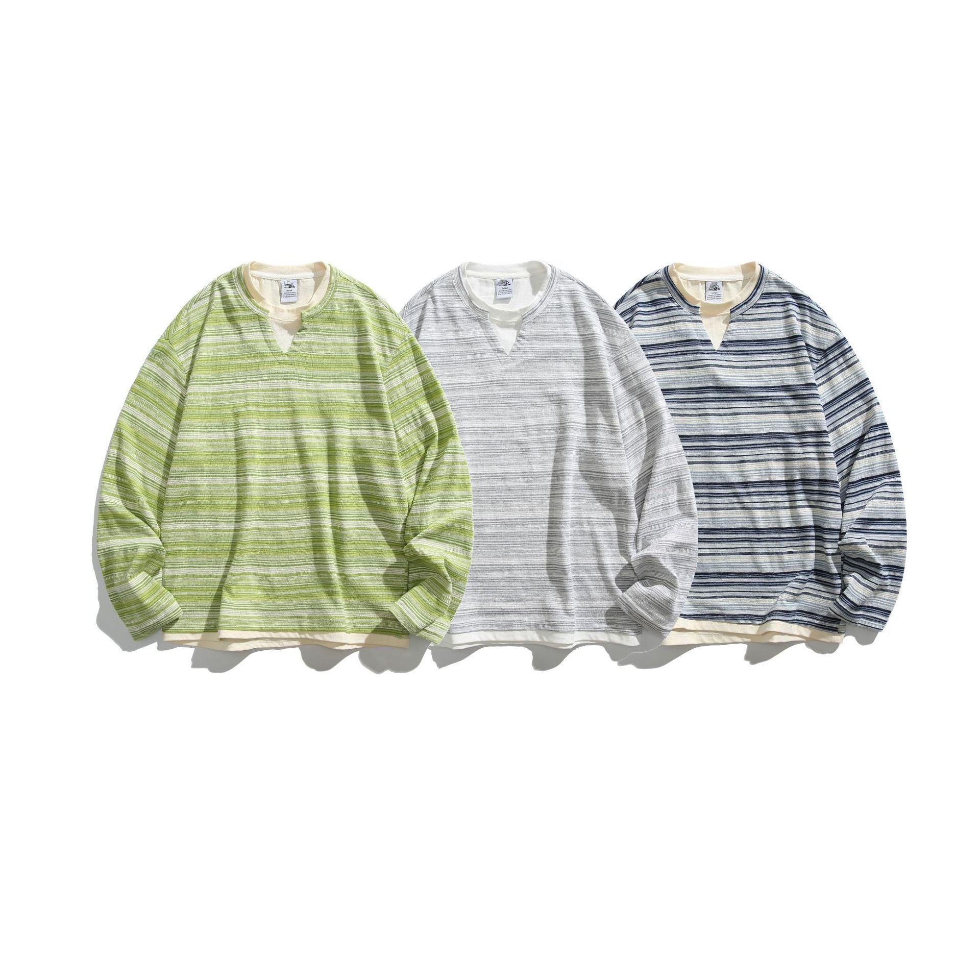 Unisex Striped Long Sleeve Shirt with V-Notch and Layer Effect Chichicherry