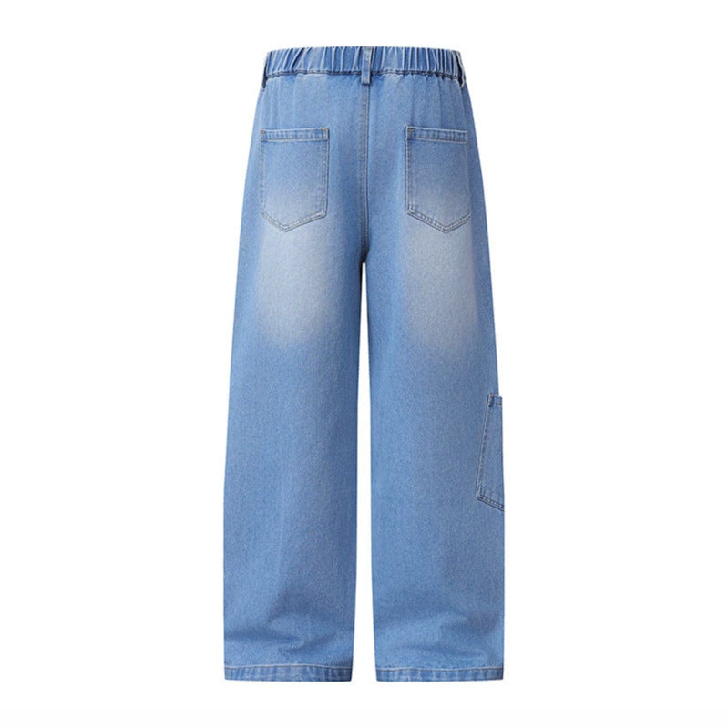 Ladies Wide High-Waist Denim Palazzo Jeans with Floral Embroidery, Cargo Pocket and Scarf Detail Chichicherry